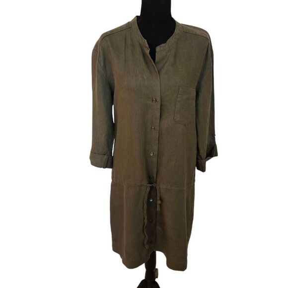 James Perse Womens Linen Button Front Drawstring Shirt Dress Olive Green Size 4 - Picture 1 of 10